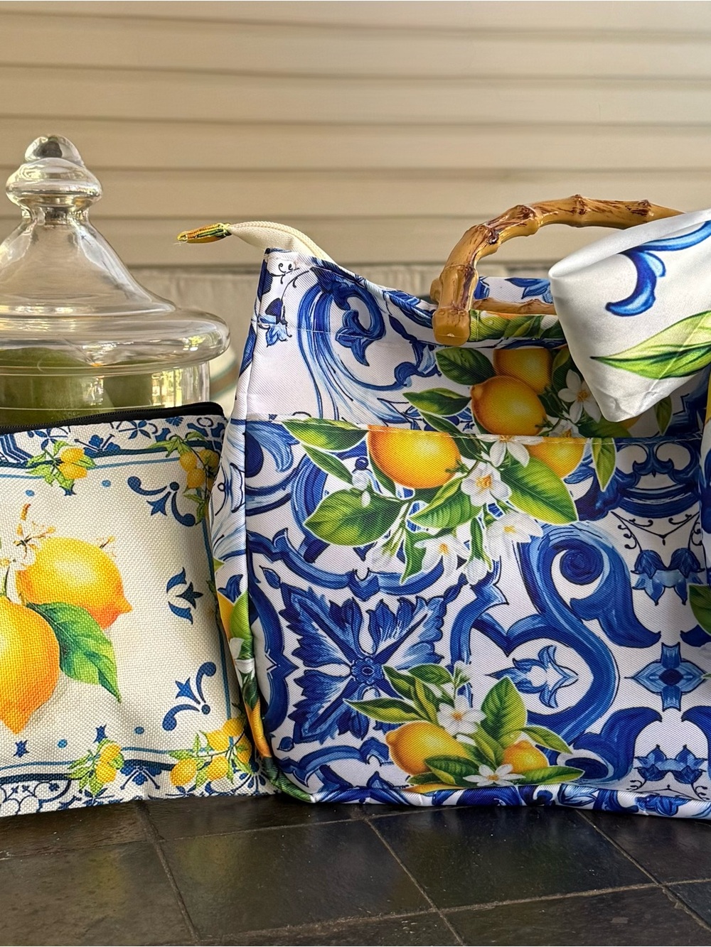 Amalfi Coast Style Handbag Set w/ Accent Scarf and Linen Cosmetic Case.